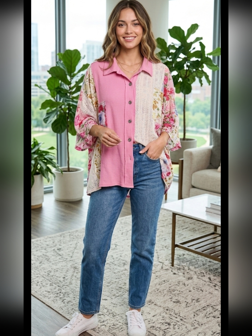 POL Pink Floral Patchwork Button-Down Shirt